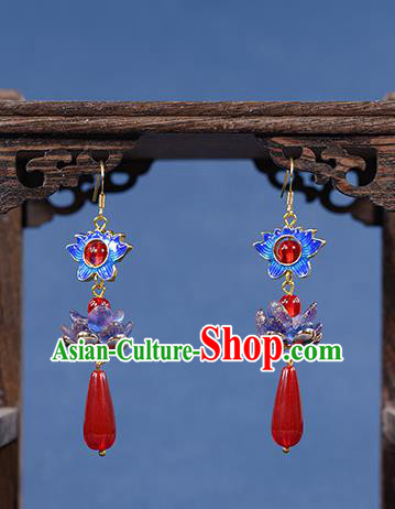 Chinese Classical Blueing Lotus Earrings Traditional Qing Dynasty Jewelry Ornaments Handmade Ancient Empress Ear Accessories