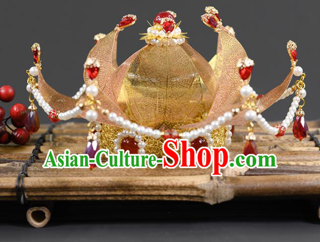 China Ancient Palace Lady Pearls Hairpin Traditional Hanfu Tang Dynasty Hair Accessories Golden Lotus Hair Crown