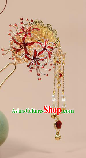 China Ancient Princess Manjusaka Hair Stick Traditional Hanfu Ming Dynasty Hair Accessories Golden Bells Tassel Hairpin