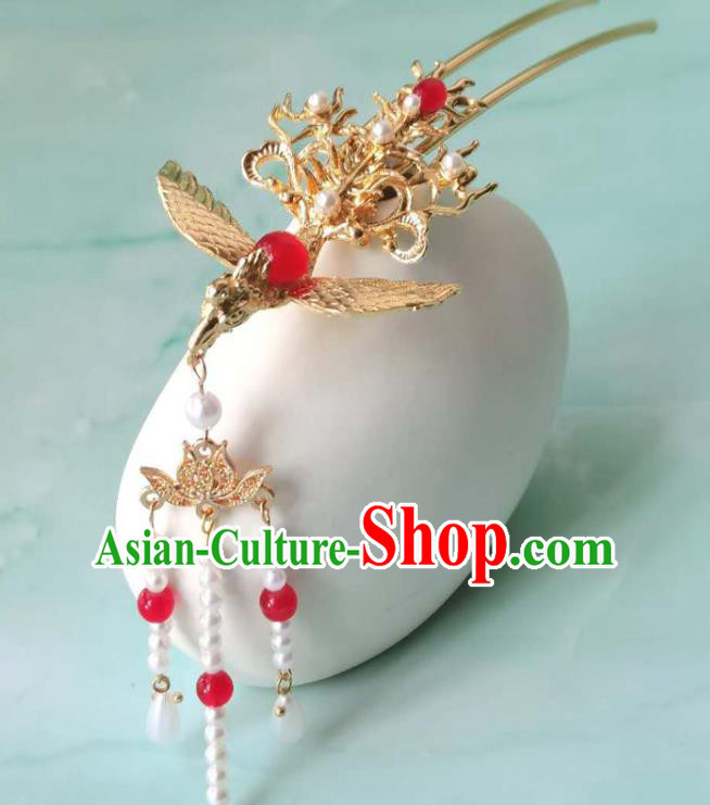 China Ming Dynasty Golden Phoenix Hairpin Ancient Court Woman Hair Crown Traditional Hanfu Hair Accessories Hair Stick