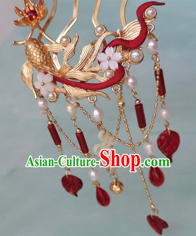 China Song Dynasty Golden Fish Hair Comb Ancient Court Woman Hairpins Traditional Hanfu Hair Accessories Agate Tassel Hair Stick