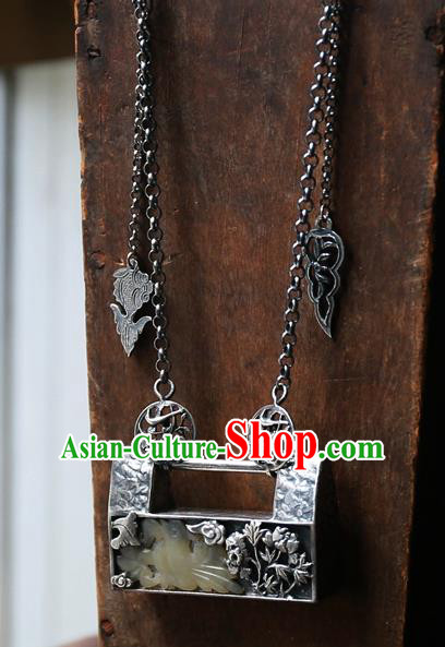 Handmade China National Silver Lock Jewelry Qing Dynasty Jade Accessories Traditional Retro Necklace Pendant