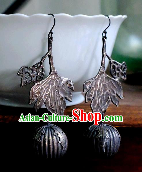 China National Cheongsam Earrings Handmade Silver Carving Pumpkin Ear Accessories Traditional Jewelry Ornaments