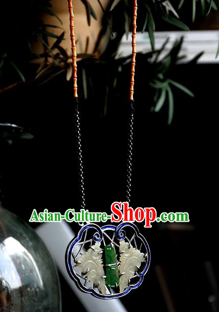 Handmade China National Jade Bamboo Necklace Pendant Traditional Silver Jewelry Qing Dynasty Blueing Accessories