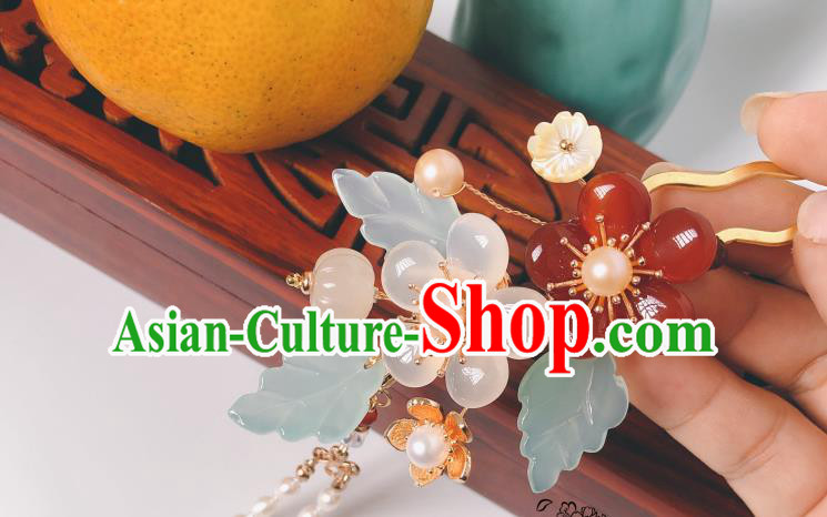 China Hanfu Hair Stick Traditional Ancient Princess Pearls Tassel Hairpin Agate Plum Blossom Hair Accessories