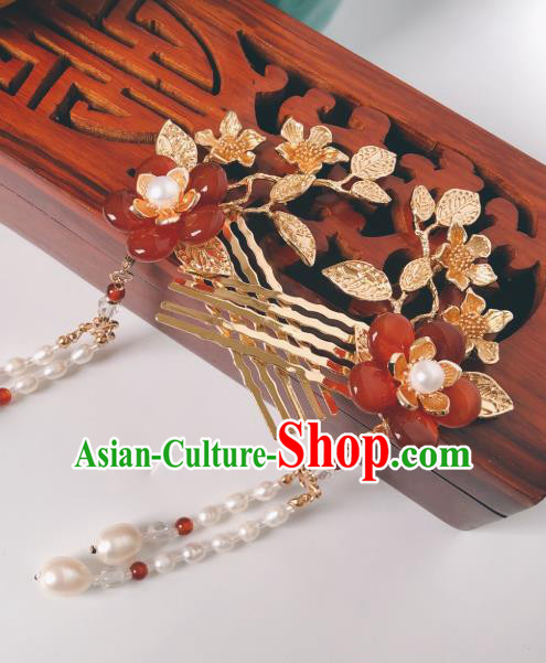 China Hanfu Hair Accessories Traditional Ancient Princess Pearls Tassel Hairpin Agate Plum Blossom Hair Comb