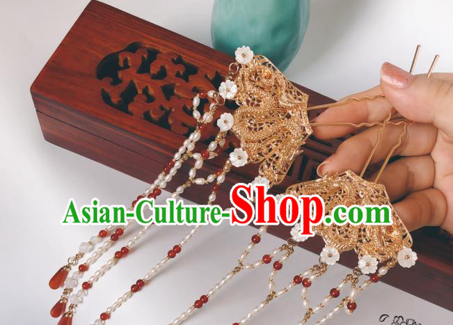 China Traditional Ancient Empress Pearls Tassel Hairpin Golden Dragon Hair Sticks Ming Dynasty Hanfu Hair Accessories