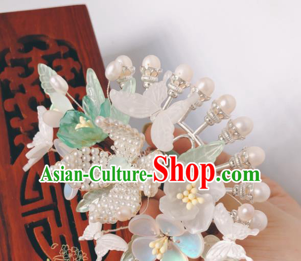 China Song Dynasty Hair Accessories Ancient Princess Pearls Flowers Hairpin Traditional Hanfu Shell Butterfly Hair Stick