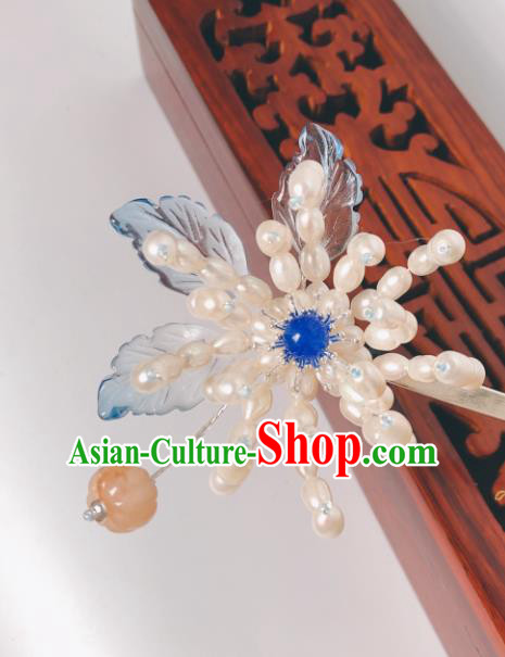China Traditional Pearls Chrysanthemum Hair Stick Ancient Princess Hairpin Qing Dynasty Court Hair Accessories