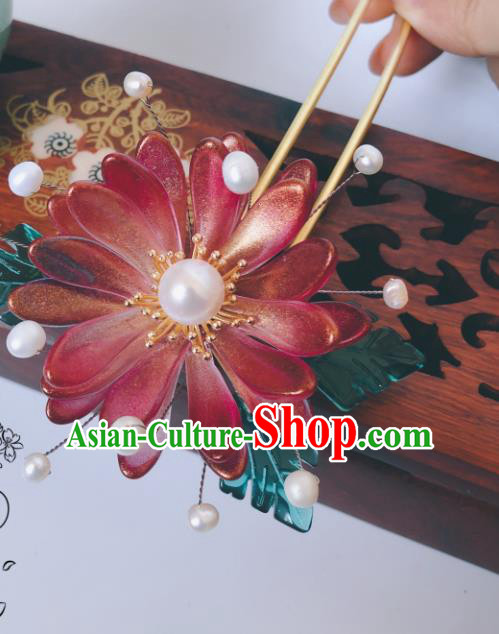 China Ancient Court Lady Red Chrysanthemum Hairpin Traditional Hanfu Hair Stick Qing Dynasty Palace Hair Accessories