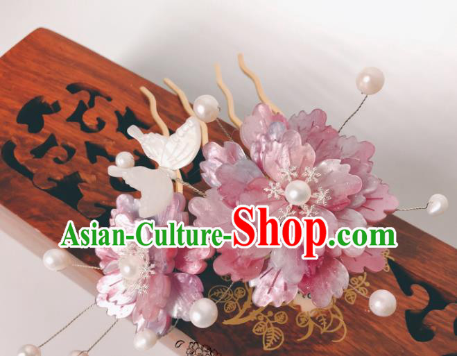 China Ancient Court Lady Shell Butterfly Hairpin Traditional Hanfu Hair Accessories Qing Dynasty Pink Peony Hair Comb