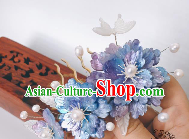 China Ancient Princess Blue Peony Hairpin Song Dynasty Hair Comb Traditional Hanfu Court Shell Butterfly Hair Accessories