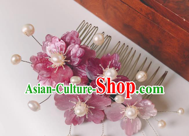 China Song Dynasty Hair Comb Traditional Hanfu Court Pearls Hair Accessories Ancient Princess Pink Flowers Hairpin