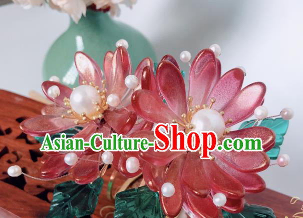 China Song Dynasty Princess Red Chrysanthemum Hair Comb Traditional Hanfu Hair Accessories Ancient Court Hairpin