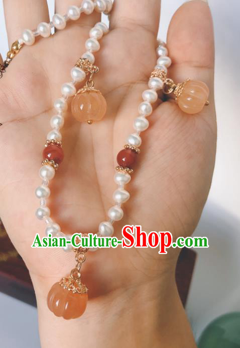 China Traditional Ancient Princess Jade Pumpkin Necklace Handmade Pearls Jewelry Accessories