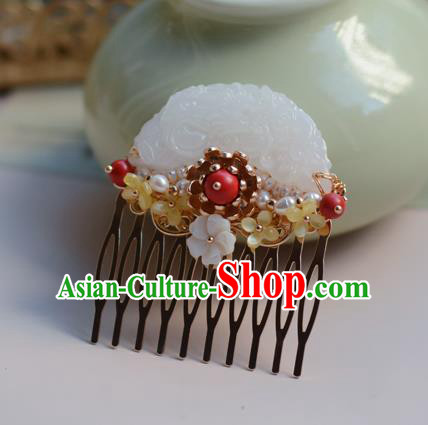 China Ancient Princess White Jade Hair Comb Traditional Court Hairpin Hanfu Hair Accessories