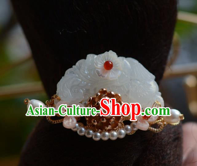 China Ancient Ming Dynasty Princess White Jade Hair Crown Traditional Hanfu Hair Accessories Court Hairpin