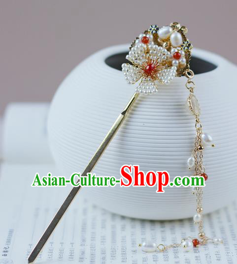 China Traditional Hanfu Pearls Hair Accessories Ancient Ming Dynasty Court Princess Tassel Hairpin