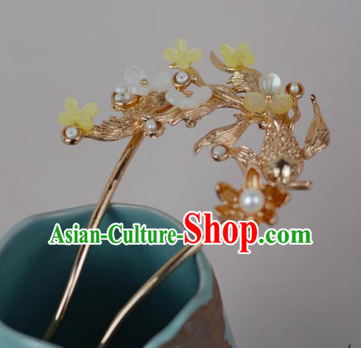 China Ming Dynasty Golden Fish Lotus Hairpin Classical Cheongsam Hair Stick Traditional Hair Accessories