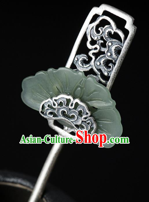 China Handmade Silver Carving Hairpin Traditional Hair Accessories Classical Cheongsam Jade Hair Stick