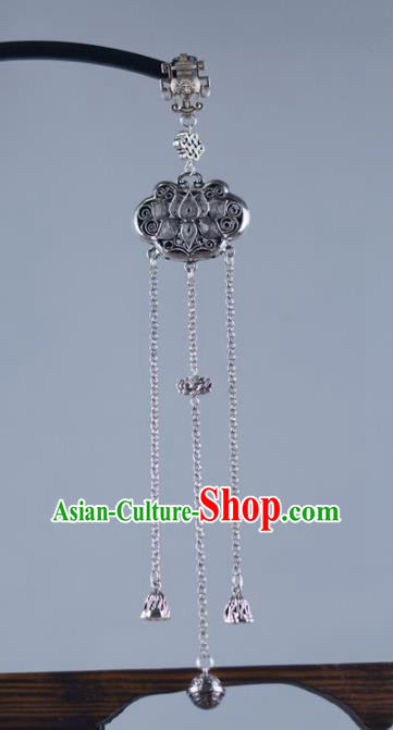 Chinese Traditional Silver Accessories Handmade Tassel Brooch Pendant Cheongsam Carving Lotus Fish Jewelry