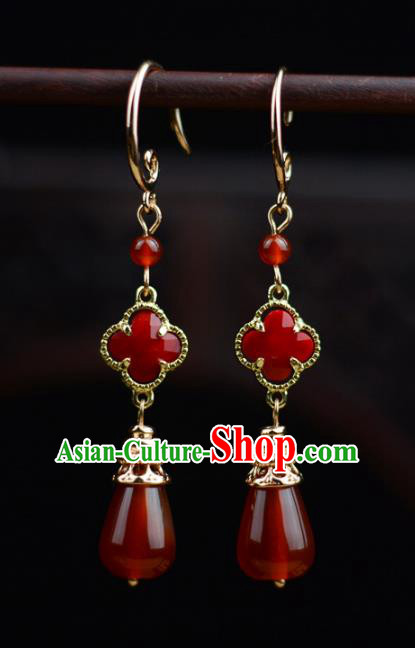 Chinese Classical Red Agate Earrings Traditional Jewelry Ornaments Handmade Clover Ear Accessories