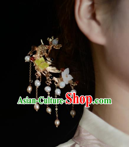 China Handmade Pearls Tassel Hairpin Traditional Hair Accessories Classical Cheongsam Golden Fish Lotus Hair Stick