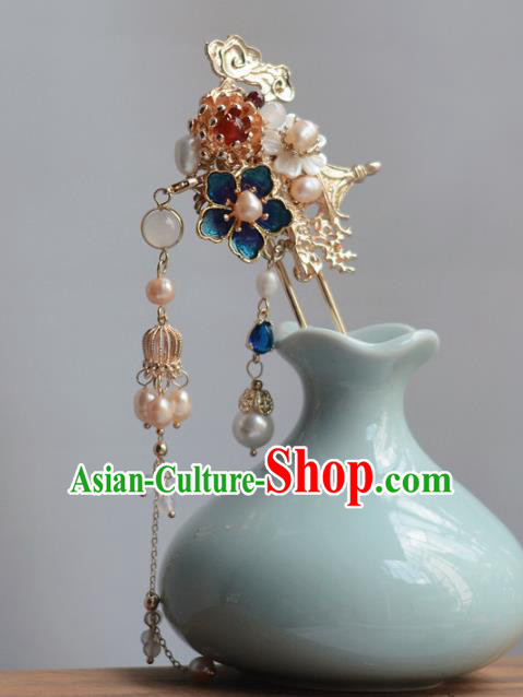 China Handmade Blueing Plum Hairpin Traditional Hair Accessories Classical Cheongsam Pearls Tassel Hair Stick