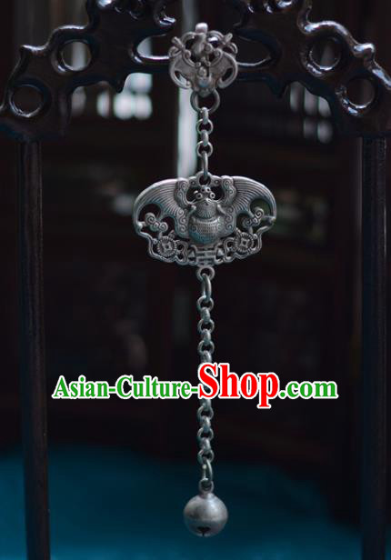 Chinese Traditional Carving Bat Collar Accessories Cheongsam Brooch Jewelry Handmade Silver Bell Breastpin Tassel Pendant