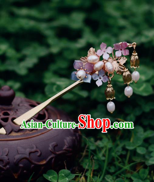 China Handmade Hydrangea Hairpin Traditional Hair Accessories Classical Cheongsam Pearls Hair Stick