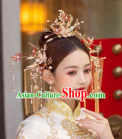 China Handmade Golden Hair Comb Hairpins Traditional Wedding Xiuhe Suit Headwear Bride Hair Accessories Complete Set