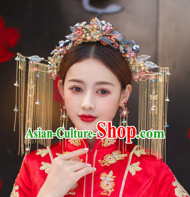 China Handmade Xiuhe Suit Blueing Phoenix Coronet Bride Tassel Hair Crown Traditional Wedding Hair Accessories