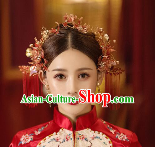 China Handmade Red Flower Hair Comb Tassel Hairpins Traditional Wedding Xiuhe Suit Headwear Bride Hair Accessories Complete Set