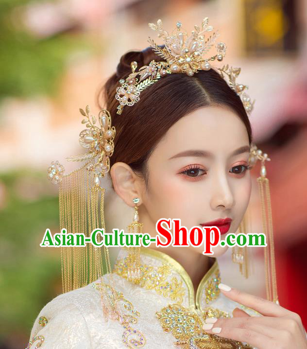 China Traditional Wedding Hairpins Headwear Handmade Xiuhe Suit Bride Hair Accessories Complete Set