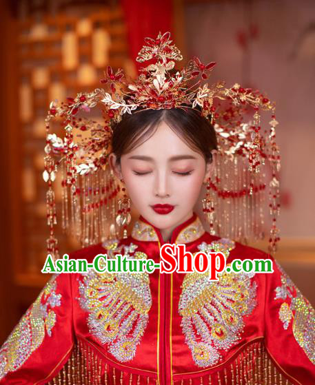 China Bride Tassel Hair Crown Traditional Wedding Hair Accessories Handmade Xiuhe Suit Deluxe Phoenix Coronet