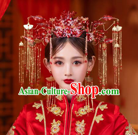 China Bride Red Beads Hair Crown Traditional Handmade Xiuhe Suit Deluxe Phoenix Coronet Wedding Hair Accessories