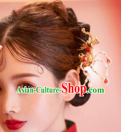 China Handmade Golden Phoenix Hair Stick Pearls Hairpins Traditional Wedding Bride Xiuhe Suit Hair Accessories