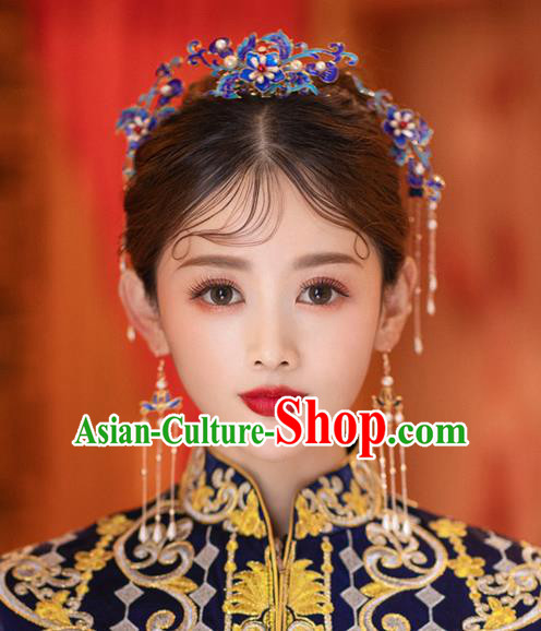 China Traditional Cloisonne Hair Comb and Hairpins Handmade Xiuhe Suit Hair Accessories Ming Dynasty Wedding Bride Hair Jewelry Full Set