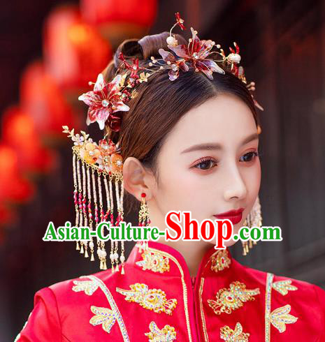 China Traditional Red Flower Hair Comb and Tassel Hairpins Wedding Bride Hair Jewelry Handmade Xiuhe Suit Hair Accessories Full Set