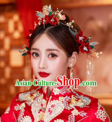 China Wedding Bride Hair Jewelry Handmade Xiuhe Suit Hair Accessories Traditional Red Velvet Flower Hair Comb and Tassel Hairpins Full Set