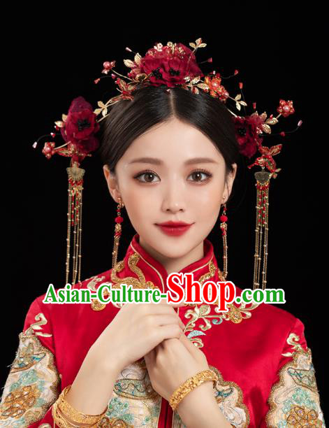 China Traditional Handmade Xiuhe Suit Hair Accessories Wedding Bride Hair Jewelry Red Silk Flower Hair Crown Hairpins Full Set