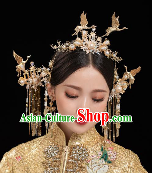 China Traditional Handmade Phoenix Coronet Xiuhe Suit Hair Accessories Wedding Bride Hair Jewelry Golden Crane Hair Crown Hairpins Full Set