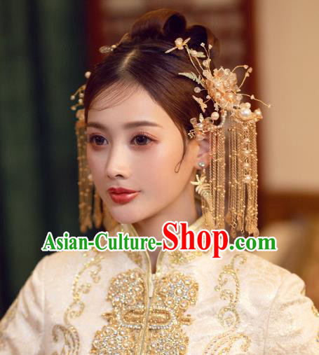 China Traditional Wedding Hair Accessories Bride Golden Hairpins Tassel Hair Sticks Full Set