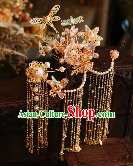 China Traditional Wedding Hair Accessories Bride Golden Hairpins Tassel Hair Sticks Full Set