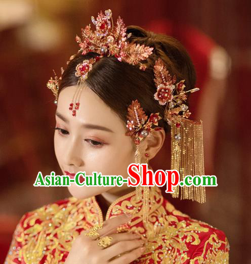 China Bride Hair Crown and Hairpins Tassel Hair Sticks Traditional Wedding Hair Accessories