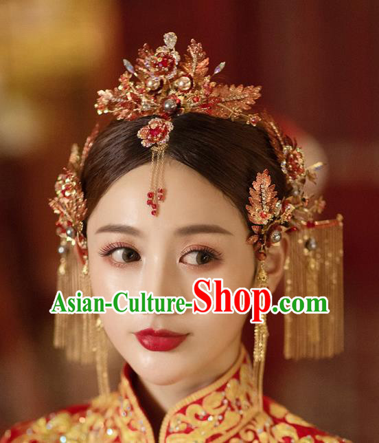 China Bride Hair Crown and Hairpins Tassel Hair Sticks Traditional Wedding Hair Accessories