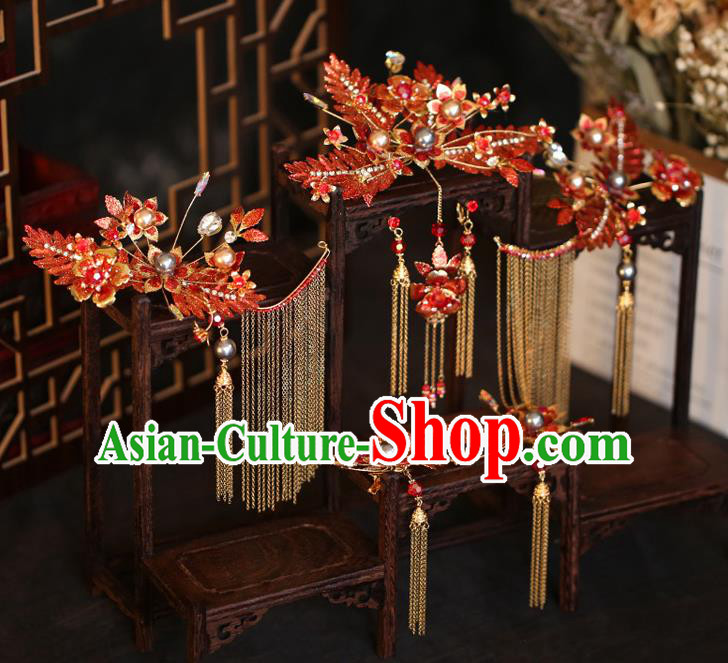 China Bride Hair Crown and Hairpins Tassel Hair Sticks Traditional Wedding Hair Accessories