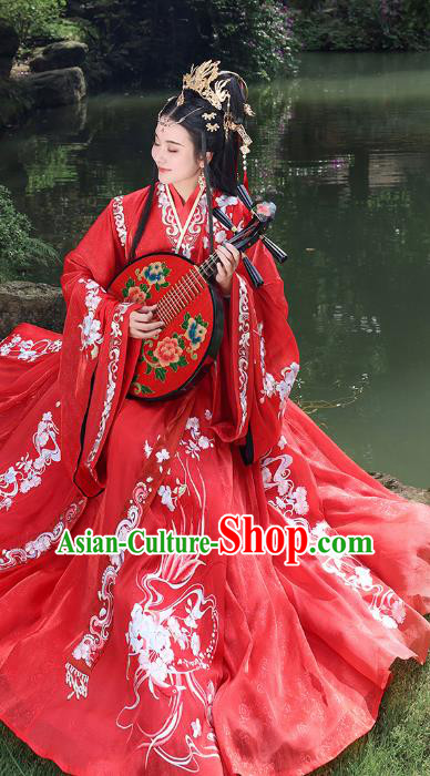 China Traditional Wedding Red Hanfu Dress Jin Dynasty Embroidered Costume Ancient Court Beauty Historical Clothing