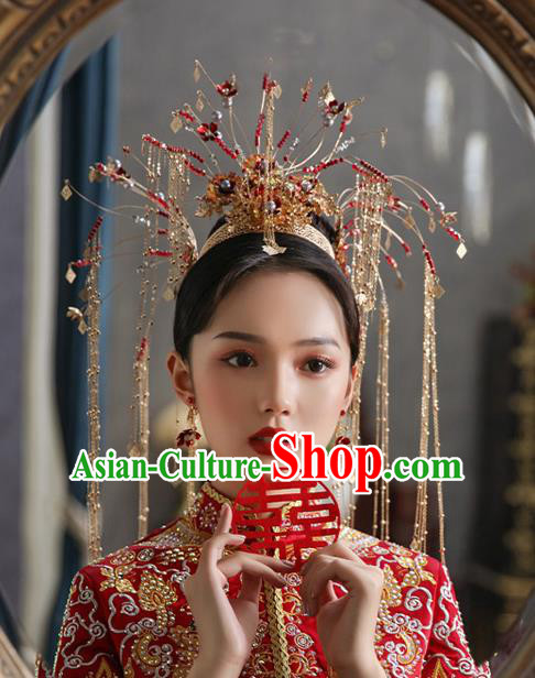 China Traditional Xiuhe Suit Hair Accessories Handmade Bride Headwear Wedding Deluxe Tassel Phoenix Coronet