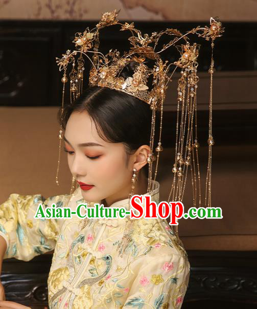 China Ancient Bride Deluxe Golden Tassel Phoenix Coronet Traditional Wedding Xiuhe Suit Hair Accessories